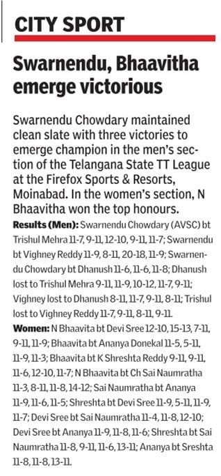 Talangana State Table Tennis League Championship -12th Nov. 2024 Heydrabad