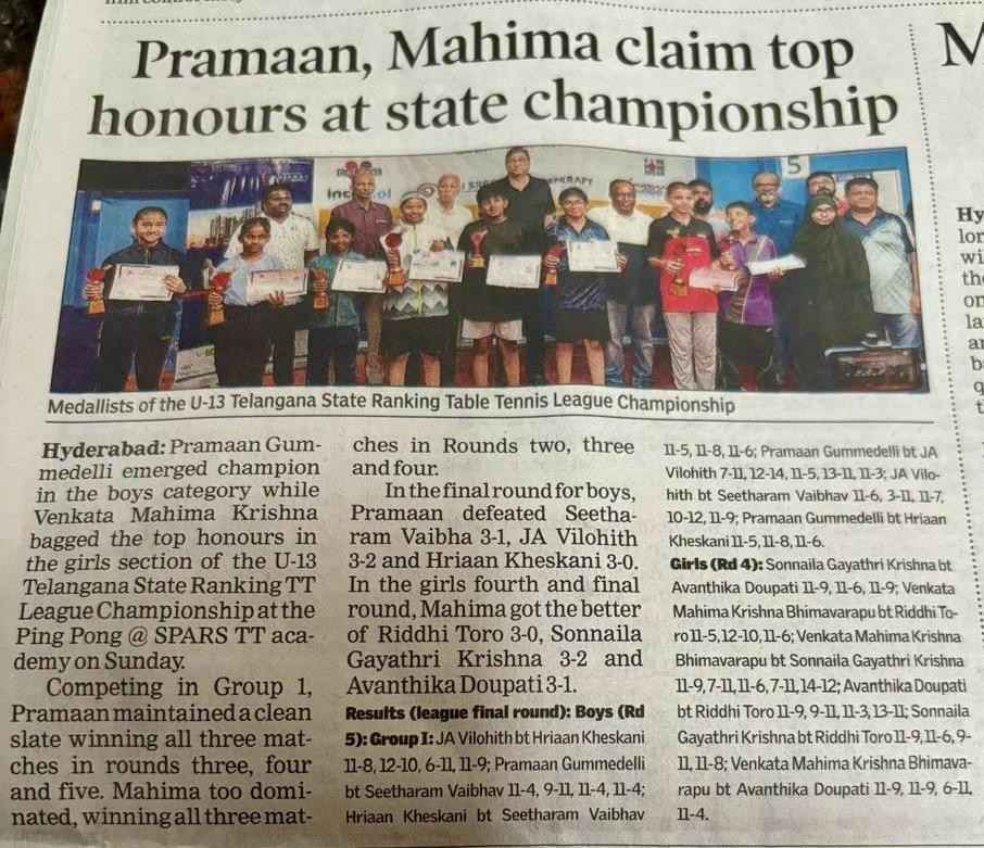 Talangana state ranking Table Tennis League Championship Under 13 Boys & girls
