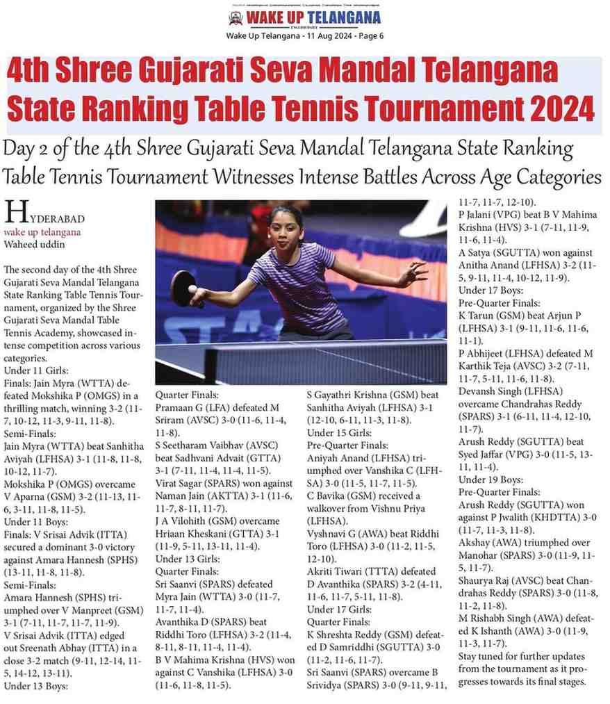 4th Shree Gujrati Seva Mandal Telanagana State Ranking Table Tennis Tournament 12th Agu 2024